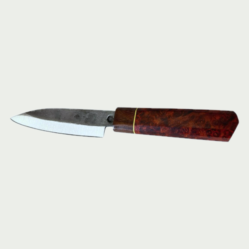 A hand-forged paring knife with a forge-finished blade and a burl wood handle with a brass spacer
